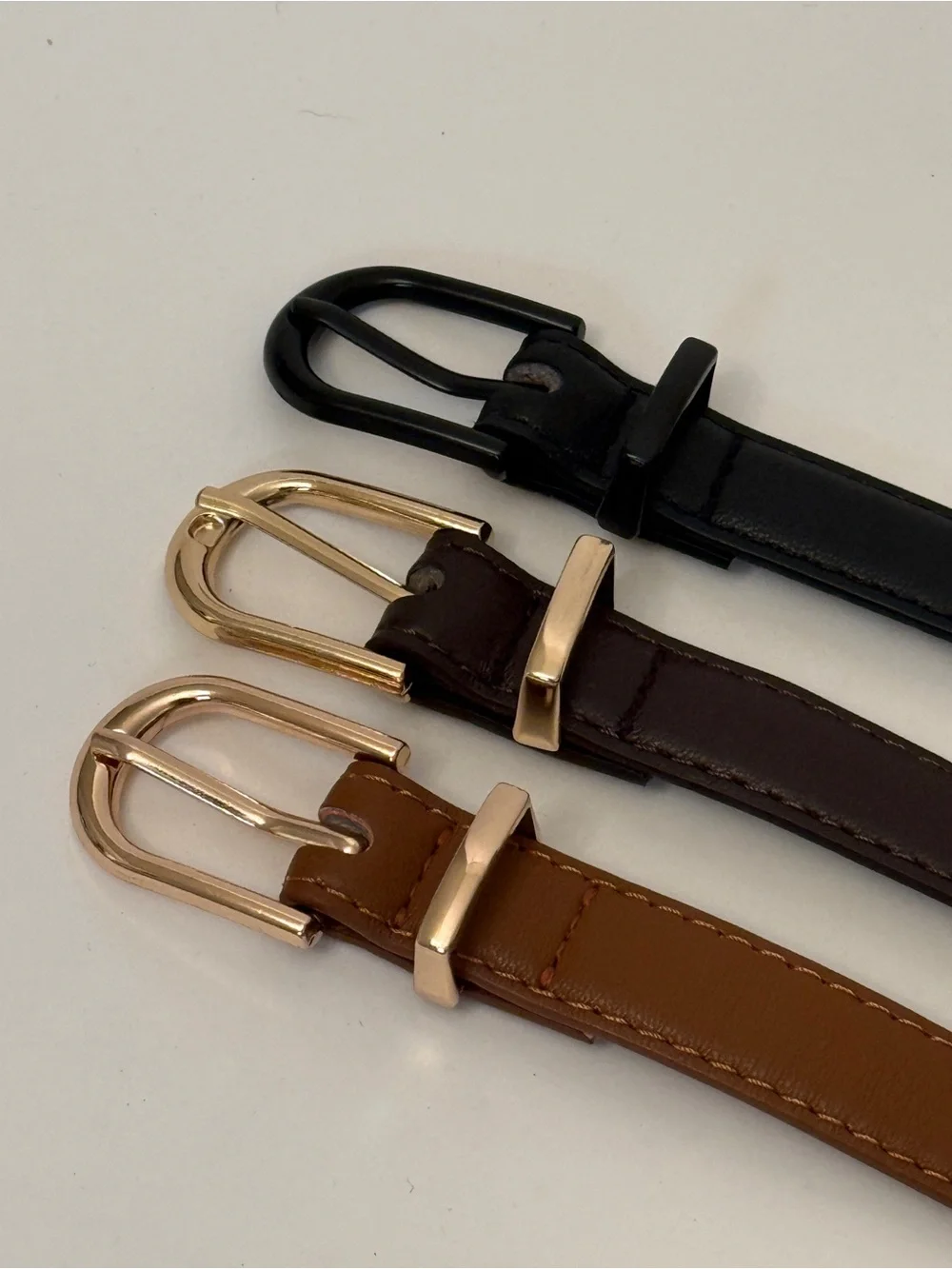 Three Classic Skinny Faux Leather Belts - Black, Brown, Tan